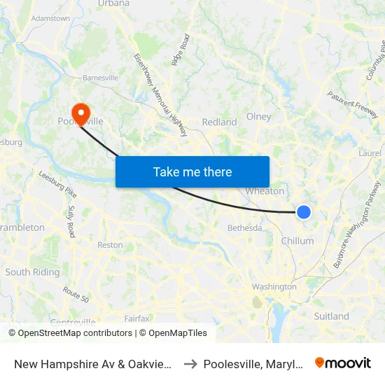 New Hampshire Av & Oakview Dr to Poolesville, Maryland map