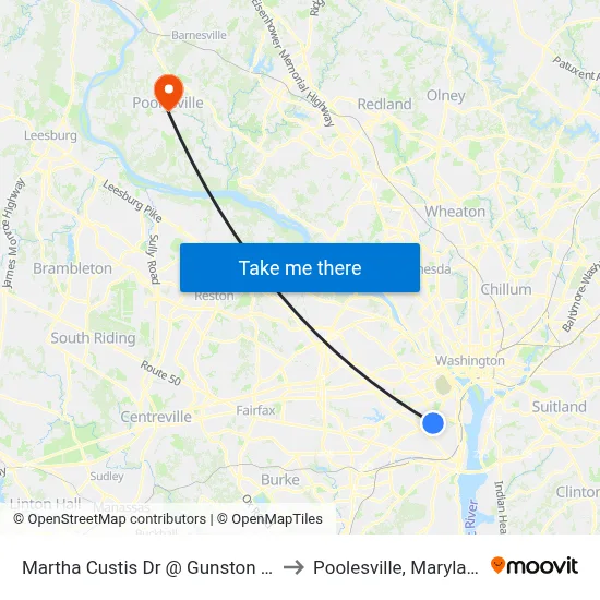 Martha Custis Dr @ Gunston Rd to Poolesville, Maryland map