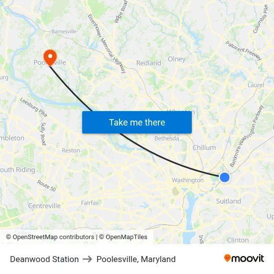 Deanwood Station to Poolesville, Maryland map