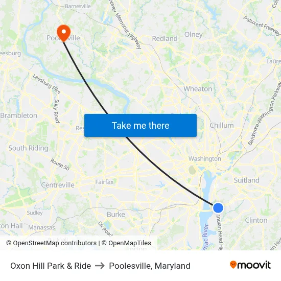 Oxon Hill Park & Ride to Poolesville, Maryland map