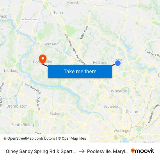 Olney Sandy Spring Rd & Spartan Rd to Poolesville, Maryland map