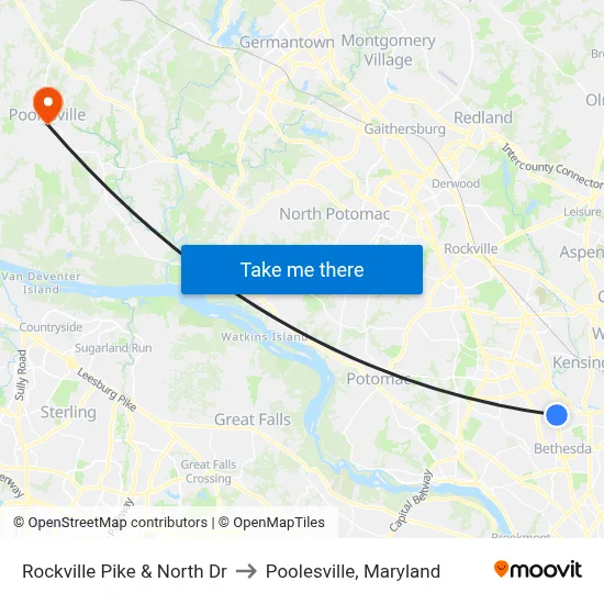 Rockville Pike & North Dr to Poolesville, Maryland map