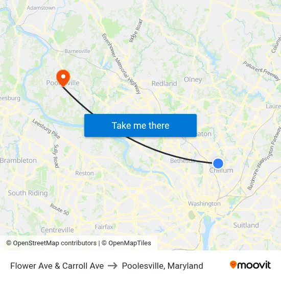 Flower Ave & Carroll Ave to Poolesville, Maryland map