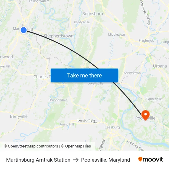 Martinsburg Amtrak Station to Poolesville, Maryland map