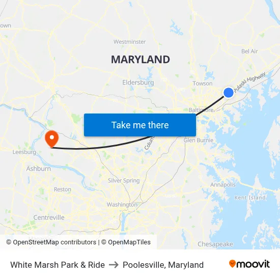 White Marsh Park & Ride to Poolesville, Maryland map