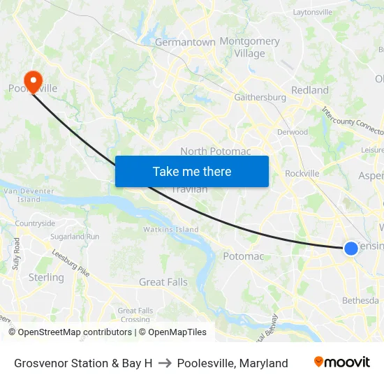 Grosvenor Station & Bay H to Poolesville, Maryland map