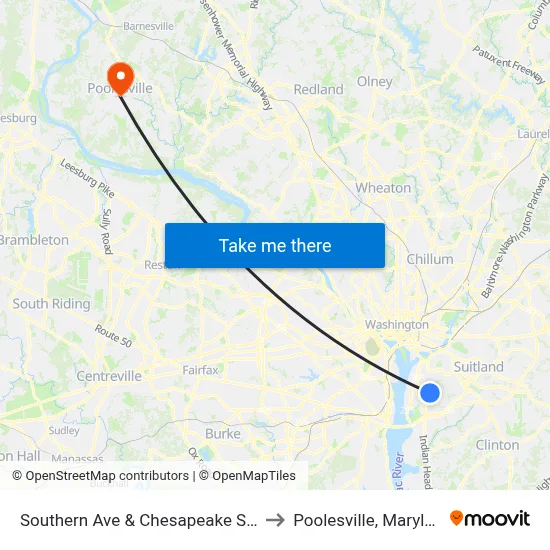 Southern Ave & Chesapeake St Se to Poolesville, Maryland map