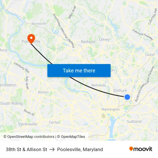 38th St & Allison St to Poolesville, Maryland map