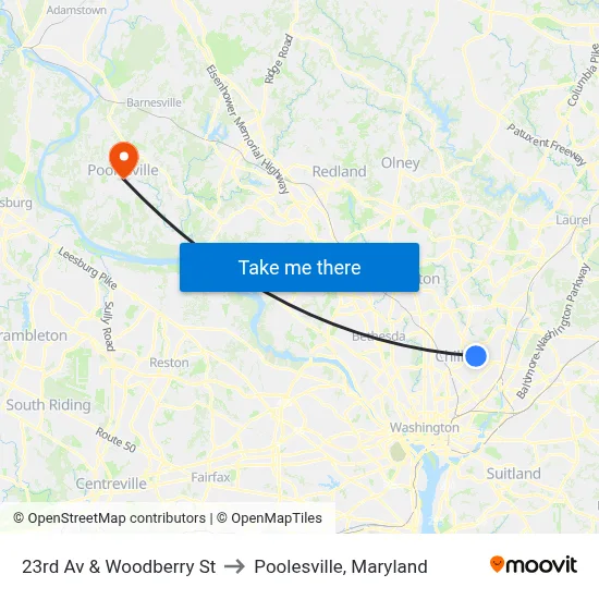 23rd Av & Woodberry St to Poolesville, Maryland map