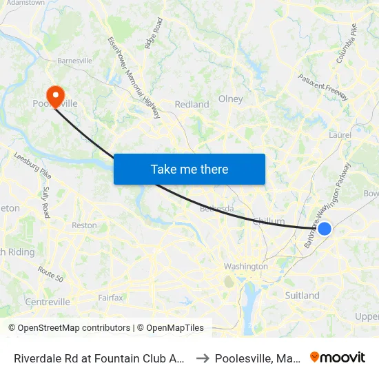 Riverdale Rd at Fountain Club Apartments to Poolesville, Maryland map
