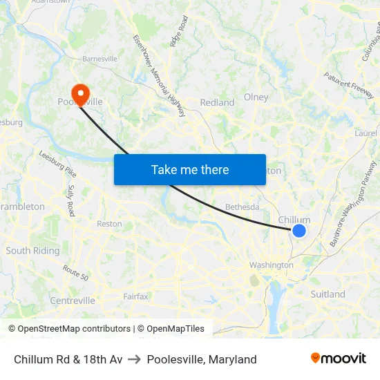 Chillum Rd & 18th Av to Poolesville, Maryland map