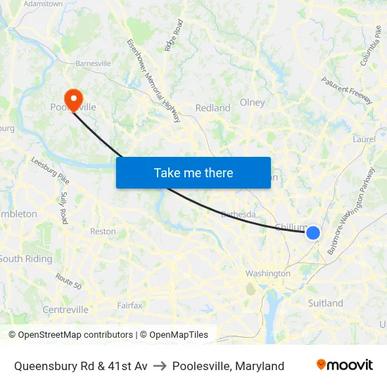 Queensbury Rd & 41st Av to Poolesville, Maryland map