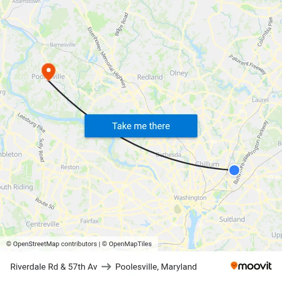 Riverdale Rd & 57th Av to Poolesville, Maryland map