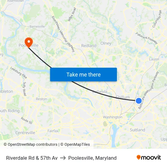 Riverdale Rd & 57th Av to Poolesville, Maryland map