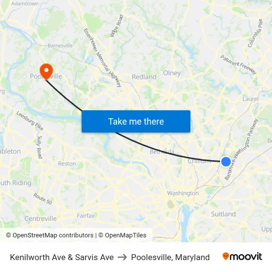 Kenilworth Ave & Sarvis Ave to Poolesville, Maryland map