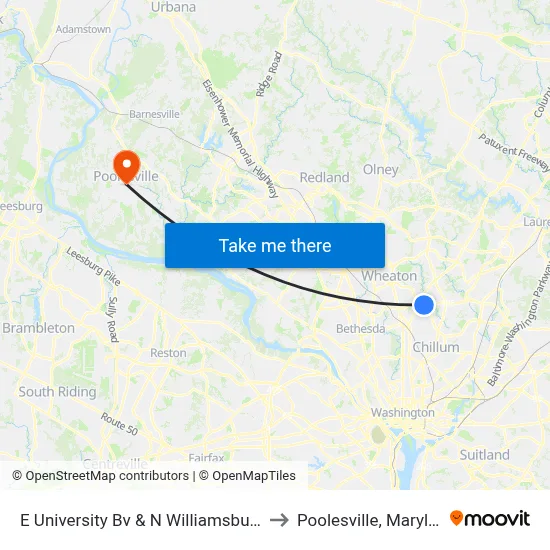 E University Bv & N Williamsburg Dr to Poolesville, Maryland map