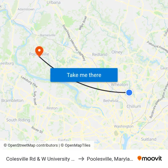 Colesville Rd & W University Bv to Poolesville, Maryland map