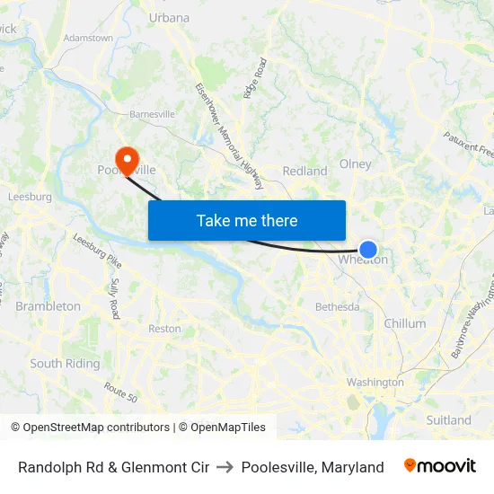 Randolph Rd & Glenmont Cir to Poolesville, Maryland map