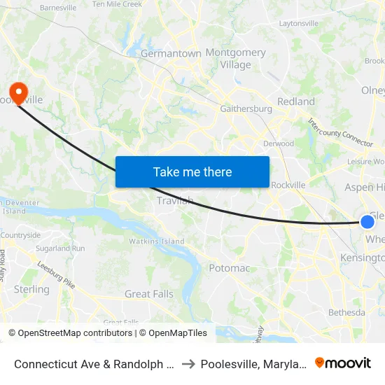 Connecticut Ave & Randolph Rd to Poolesville, Maryland map