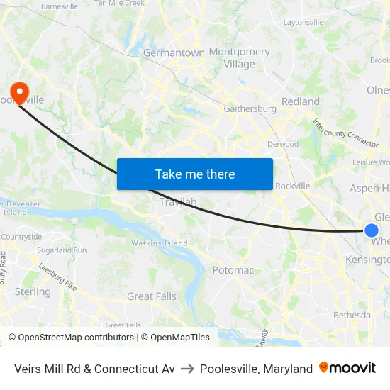 Veirs Mill Rd & Connecticut Av to Poolesville, Maryland map