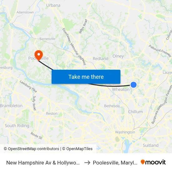 New Hampshire Av & Hollywood Av to Poolesville, Maryland map