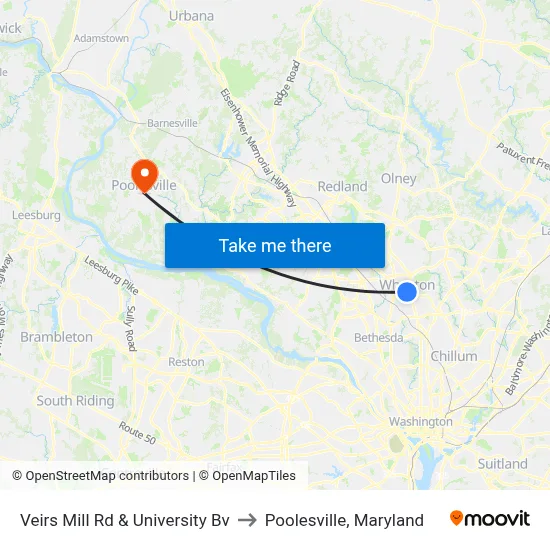 Veirs Mill Rd & University Bv to Poolesville, Maryland map