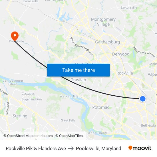 Rockville Pik & Flanders Ave to Poolesville, Maryland map