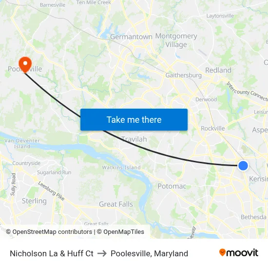 Nicholson La & Huff Ct to Poolesville, Maryland map