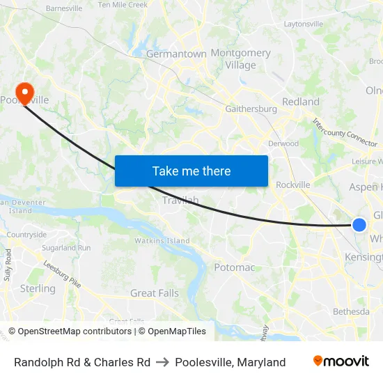 Randolph Rd & Charles Rd to Poolesville, Maryland map