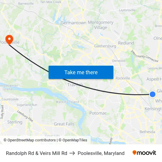 Randolph Rd & Veirs Mill Rd to Poolesville, Maryland map