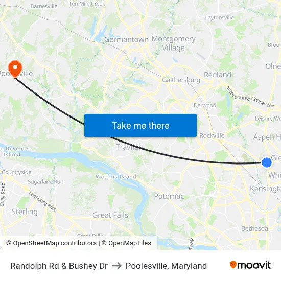 Randolph Rd & Bushey Dr to Poolesville, Maryland map