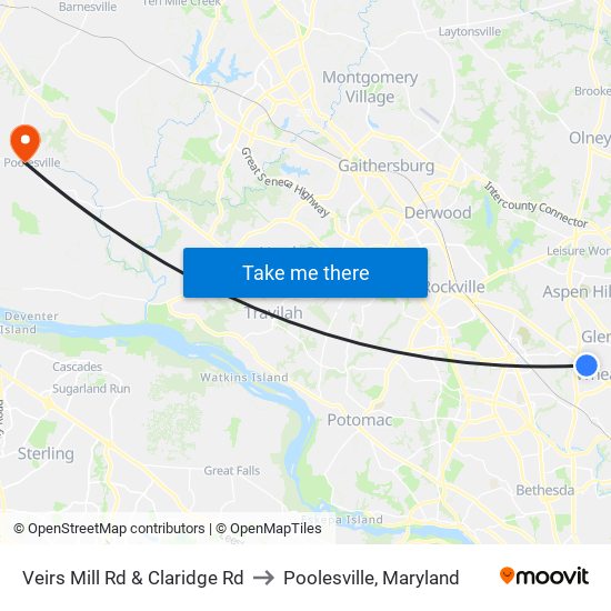 Veirs Mill Rd & Claridge Rd to Poolesville, Maryland map