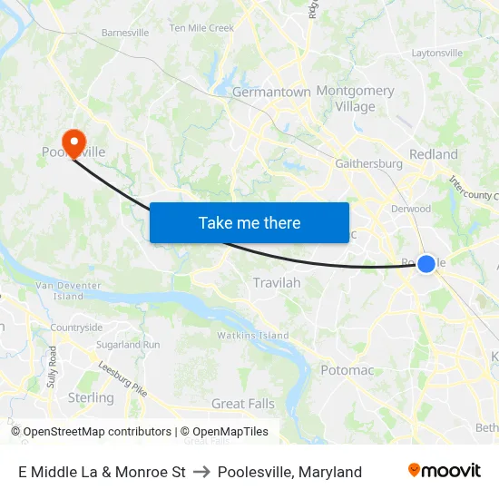 E Middle La & Monroe St to Poolesville, Maryland map