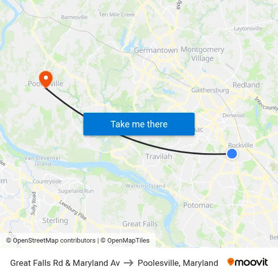 Great Falls Rd & Maryland Av to Poolesville, Maryland map