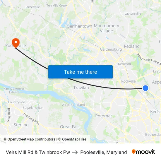 Veirs Mill Rd & Twinbrook Pw to Poolesville, Maryland map