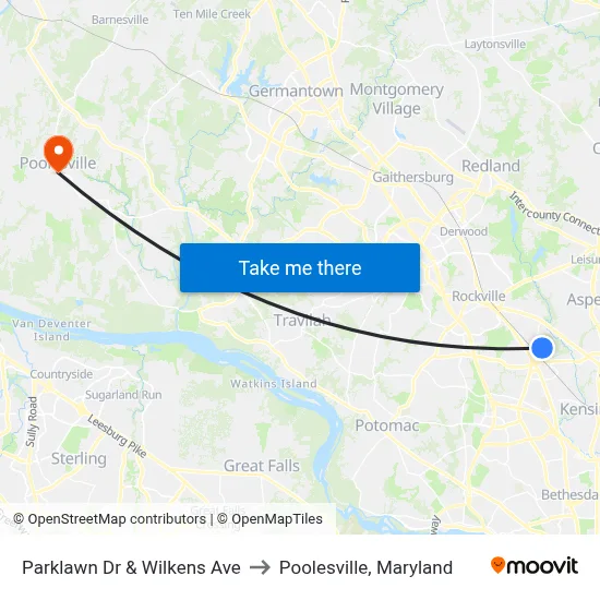 Parklawn Dr & Wilkens Ave to Poolesville, Maryland map