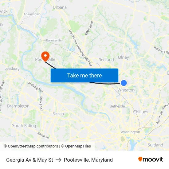 Georgia Av & May St to Poolesville, Maryland map