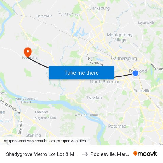 Shadygrove Metro Lot Lot & Metro Lot to Poolesville, Maryland map