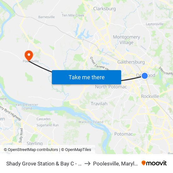 Shady Grove Station & Bay C - East to Poolesville, Maryland map