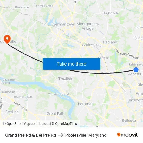 Grand Pre Rd & Bel Pre Rd to Poolesville, Maryland map