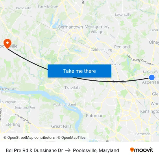 Bel Pre Rd & Dunsinane Dr to Poolesville, Maryland map