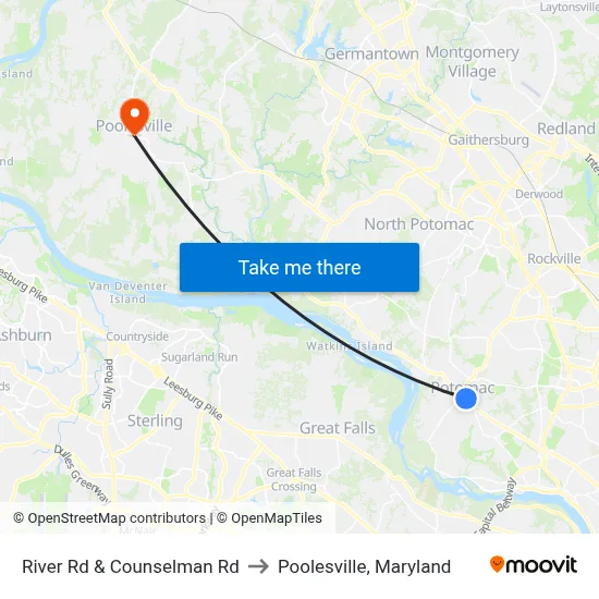 River Rd & Counselman Rd to Poolesville, Maryland map