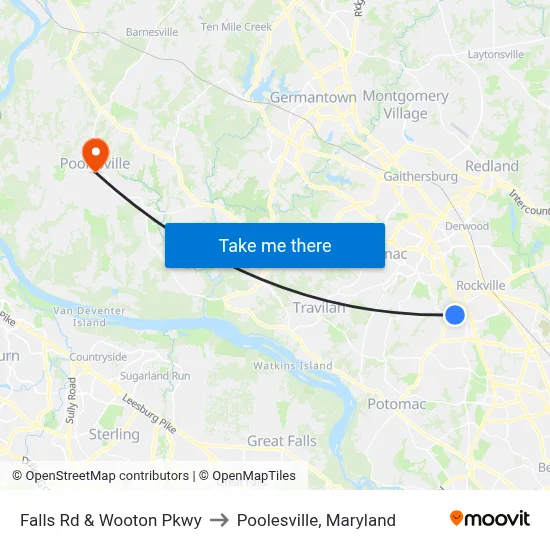 Falls Rd & Wooton Pkwy to Poolesville, Maryland map