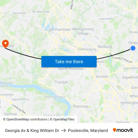 Georgia Av & King William Dr to Poolesville, Maryland map