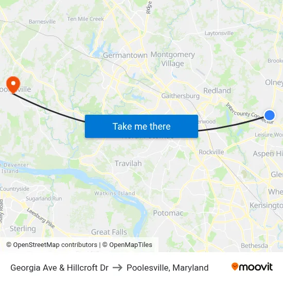 Georgia Ave & Hillcroft Dr to Poolesville, Maryland map