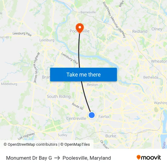 Monument Dr Bay G to Poolesville, Maryland map