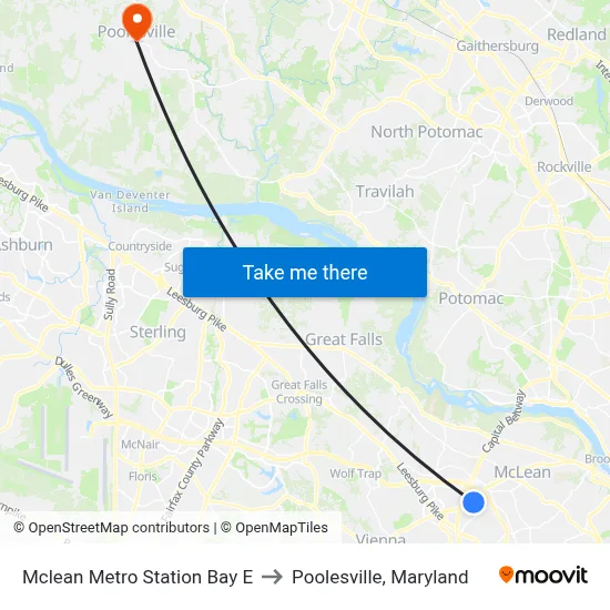 Mclean Metro Station Bay E to Poolesville, Maryland map
