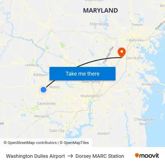 Washington Dulles Airport to Dorsey MARC Station map