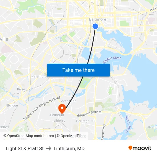 Light St & Pratt St to Linthicum, MD map