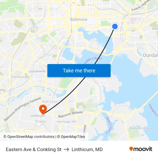 Eastern Ave & Conkling St to Linthicum, MD map